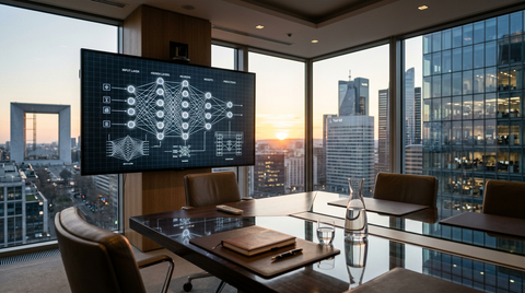 Illustration d'un robot futuriste avec le logo Bpifrance, symbolisant l'investissement dans l'IA responsable via le Bpifrance fonds IA.