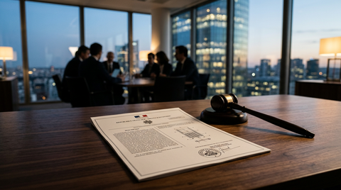 Illustration d'un titre de brevet liquidation judiciaire scellé par un marteau de juge en tribunal.