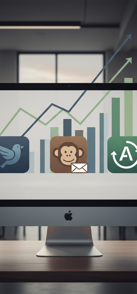 Illustration de trois logos (Brevo, Mailchimp, ActiveCampaign) sur un graphique comparatif, symbolisant le comparatif plateformes email marketing PME 2026