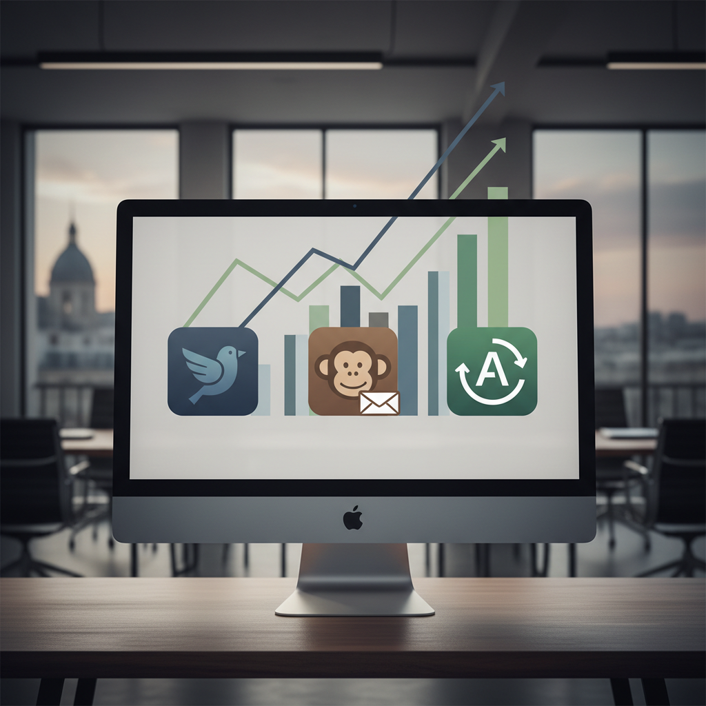 Illustration de trois logos (Brevo, Mailchimp, ActiveCampaign) sur un graphique comparatif, symbolisant le comparatif plateformes email marketing PME 2026