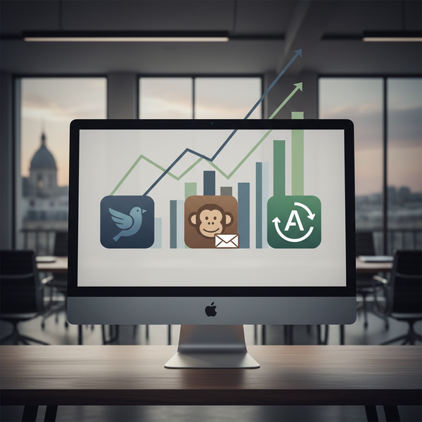 Illustration de trois logos (Brevo, Mailchimp, ActiveCampaign) sur un graphique comparatif, symbolisant le comparatif plateformes email marketing PME 2026