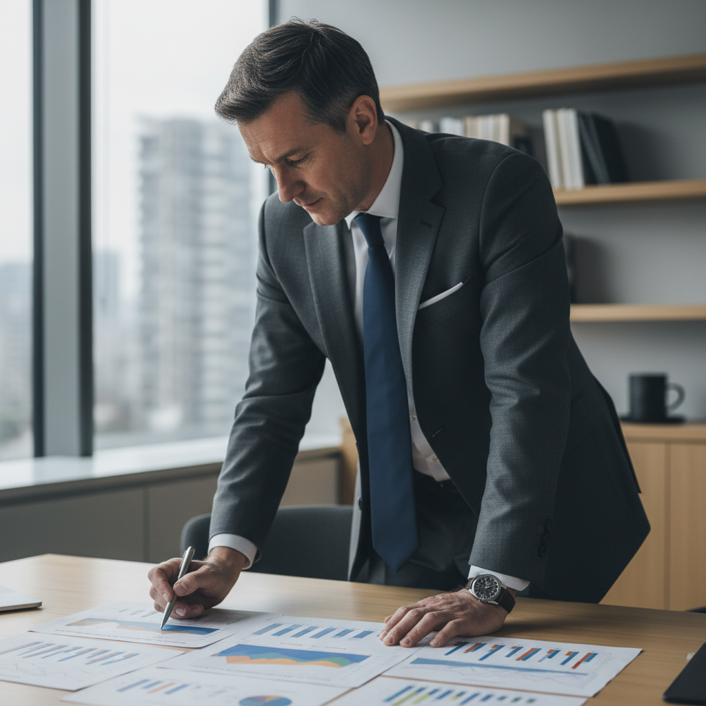 Illustration d'un dirigeant de PME devant un tableau de chiffres et de graphiques, symbolisant l'analyse de l'impact du Budget 2026 fiscalité sur sa rémunération.