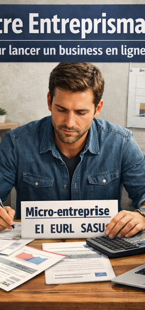Illustration éditoriale réaliste représentant un entrepreneur assis à son bureau, concentré sur l’analyse de documents financiers et administratifs liés au lancement d’un business en ligne en France. Autour de lui, plusieurs éléments visuels structurent les principaux postes de dépenses : coûts initiaux, frais administratifs, nom de domaine et site web, acquisition SEO et publicitaire, budget marketing, choix du statut juridique entre micro-entreprise, EI, EURL et SASU, ainsi qu’une trésorerie de sécurité symbolisée par des piles de pièces. Un ordinateur portable affiche des graphiques budgétaires, tandis que des feuilles de calcul, une calculatrice et divers supports de travail renforcent l’idée d’un pilotage financier rigoureux. L’ensemble évoque un baromètre entrepreneurial sérieux, concret et professionnel sur le budget réel nécessaire pour lancer une activité en ligne en 2026.