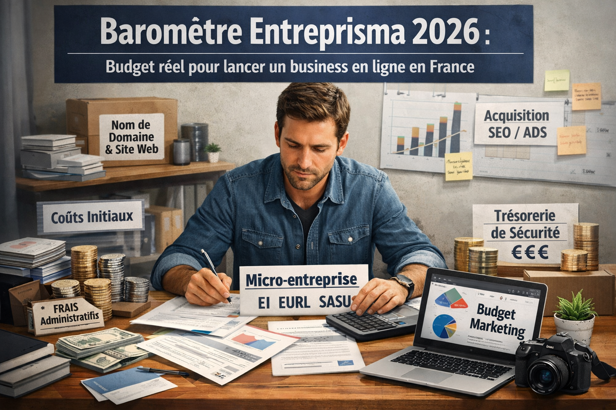 Illustration éditoriale réaliste représentant un entrepreneur assis à son bureau, concentré sur l’analyse de documents financiers et administratifs liés au lancement d’un business en ligne en France. Autour de lui, plusieurs éléments visuels structurent les principaux postes de dépenses : coûts initiaux, frais administratifs, nom de domaine et site web, acquisition SEO et publicitaire, budget marketing, choix du statut juridique entre micro-entreprise, EI, EURL et SASU, ainsi qu’une trésorerie de sécurité symbolisée par des piles de pièces. Un ordinateur portable affiche des graphiques budgétaires, tandis que des feuilles de calcul, une calculatrice et divers supports de travail renforcent l’idée d’un pilotage financier rigoureux. L’ensemble évoque un baromètre entrepreneurial sérieux, concret et professionnel sur le budget réel nécessaire pour lancer une activité en ligne en 2026.