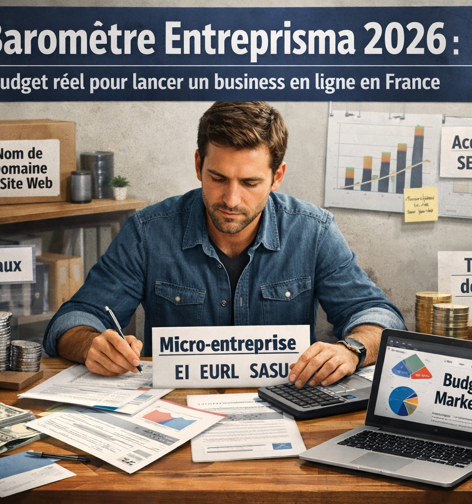 Illustration éditoriale réaliste représentant un entrepreneur assis à son bureau, concentré sur l’analyse de documents financiers et administratifs liés au lancement d’un business en ligne en France. Autour de lui, plusieurs éléments visuels structurent les principaux postes de dépenses : coûts initiaux, frais administratifs, nom de domaine et site web, acquisition SEO et publicitaire, budget marketing, choix du statut juridique entre micro-entreprise, EI, EURL et SASU, ainsi qu’une trésorerie de sécurité symbolisée par des piles de pièces. Un ordinateur portable affiche des graphiques budgétaires, tandis que des feuilles de calcul, une calculatrice et divers supports de travail renforcent l’idée d’un pilotage financier rigoureux. L’ensemble évoque un baromètre entrepreneurial sérieux, concret et professionnel sur le budget réel nécessaire pour lancer une activité en ligne en 2026.