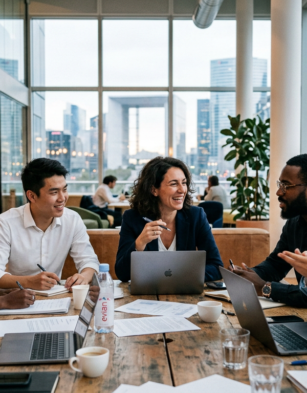 Plusieurs personnes de diverses nationalités européennes travaillant ensemble sur un projet technologique, symbolisant l'initiative "Built in Europe" et l'union des talents.