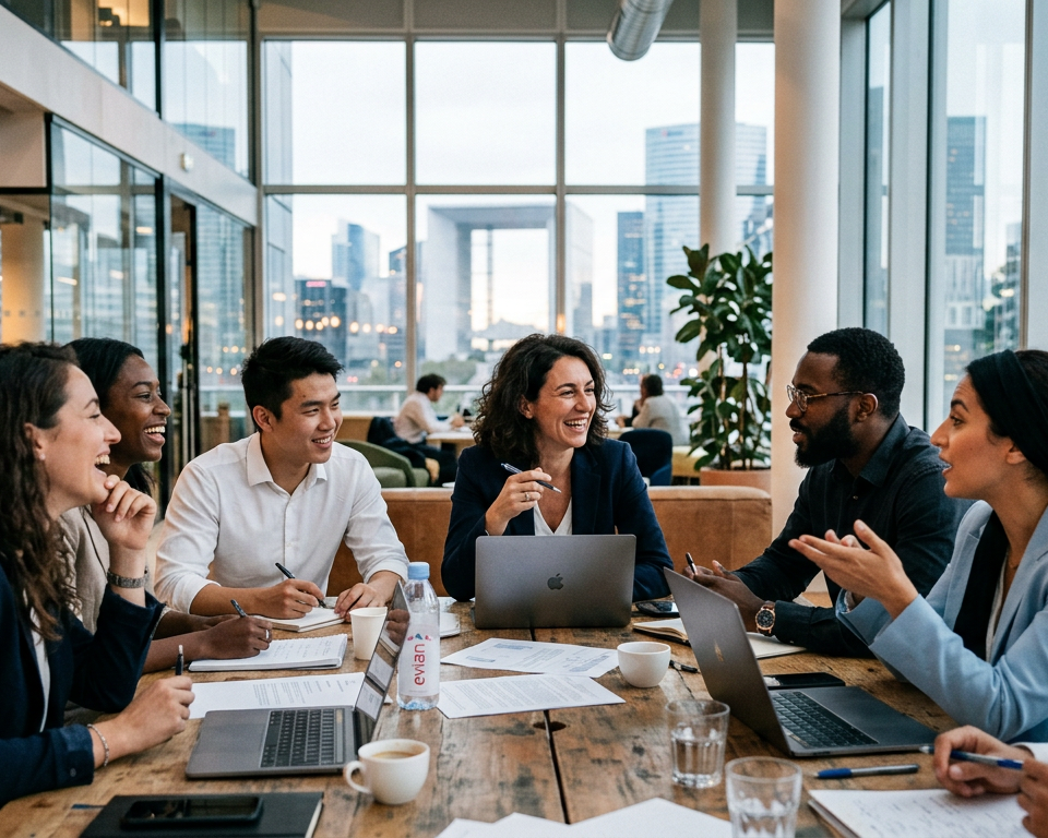 Plusieurs personnes de diverses nationalités européennes travaillant ensemble sur un projet technologique, symbolisant l'initiative "Built in Europe" et l'union des talents.