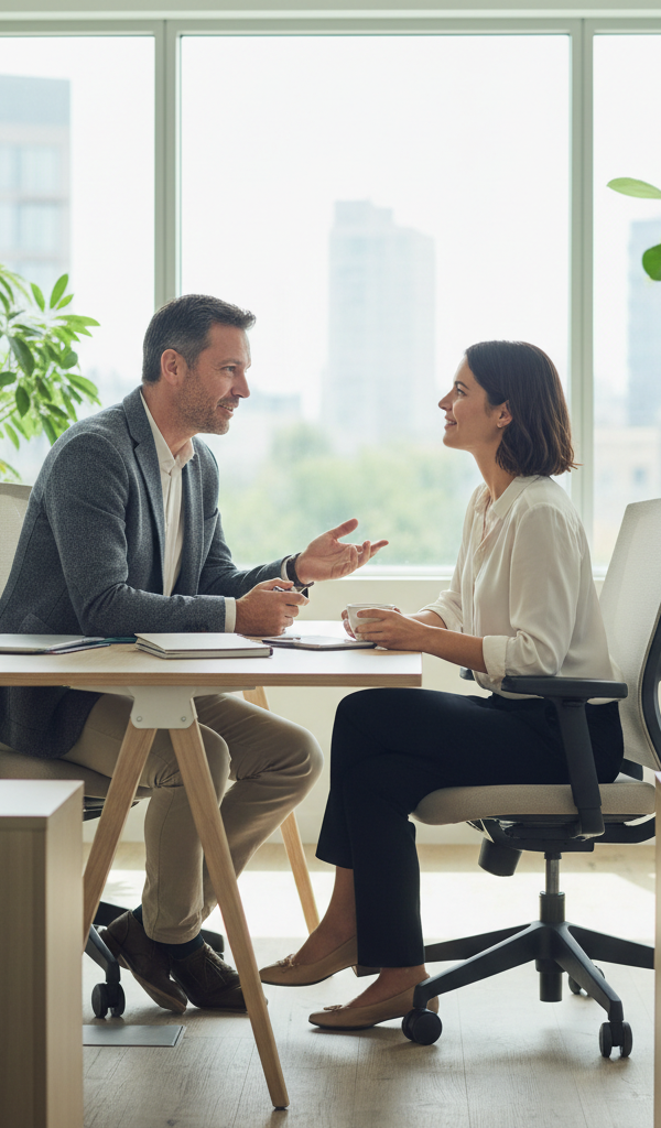 Une équipe de collaborateurs en PME, souriants et détendus, symbolisant une bonne prévention burn-out PME et un environnement de travail sain et équilibré.