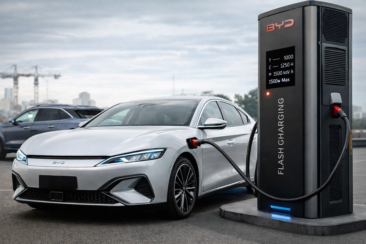 Berline électrique BYD en cours de recharge sur une borne ultra-rapide, illustrant la promesse de recharge en cinq minutes et la montée en puissance technologique du constructeur chinois sur le marché automobile.