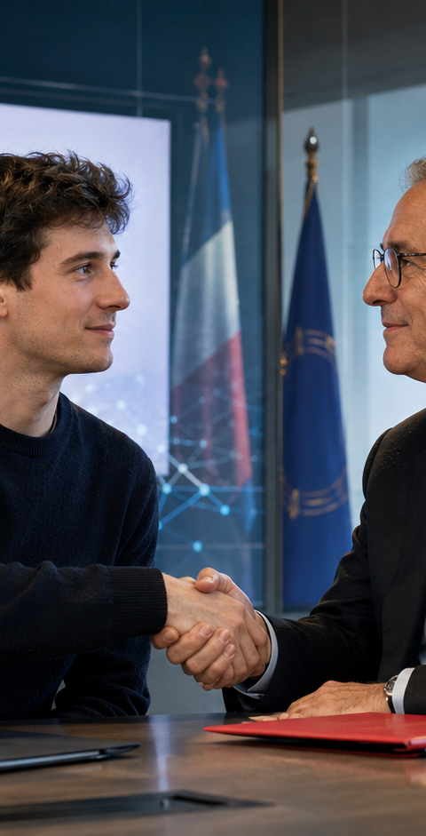 Illustration réaliste d’un accord entre Mistral AI et la Caisse des Dépôts, avec deux dirigeants se serrant la main dans un environnement professionnel et technologique, devant les logos des deux organisations.