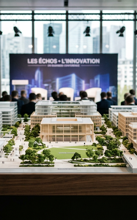 Vue aérienne futuriste du Campus Santé Grand Paris Nord, avec des bâtiments modernes et des espaces verts, symbolisant l'innovation et la recherche.