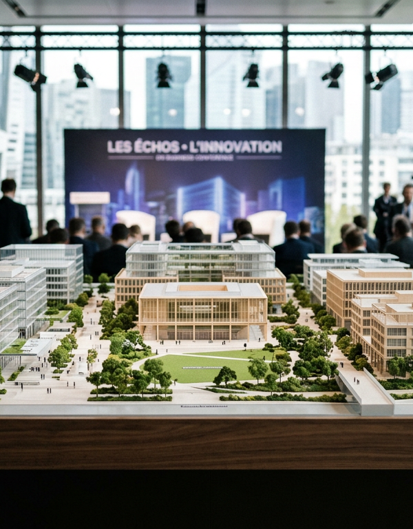 Vue aérienne futuriste du Campus Santé Grand Paris Nord, avec des bâtiments modernes et des espaces verts, symbolisant l'innovation et la recherche.