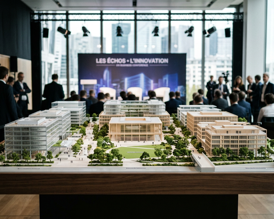 Vue aérienne futuriste du Campus Santé Grand Paris Nord, avec des bâtiments modernes et des espaces verts, symbolisant l'innovation et la recherche.