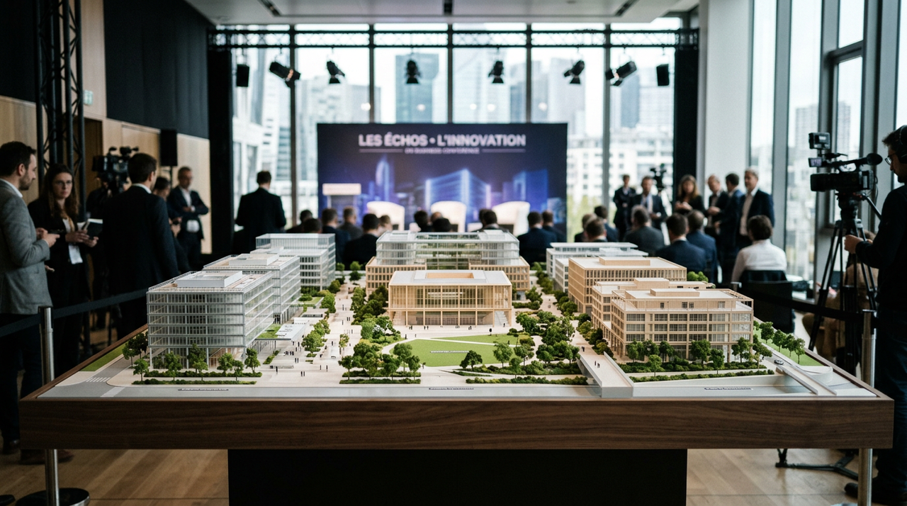 Vue aérienne futuriste du Campus Santé Grand Paris Nord, avec des bâtiments modernes et des espaces verts, symbolisant l'innovation et la recherche.