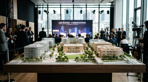 Vue aérienne futuriste du Campus Santé Grand Paris Nord, avec des bâtiments modernes et des espaces verts, symbolisant l'innovation et la recherche.