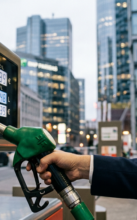 Pompe à essence TotalEnergies affichant un prix plafonné, avec des dirigeants de PME discutant des coûts du carburant en arrière-plan.