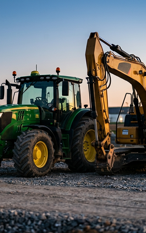 Un tracteur agricole et une pelleteuse de chantier, symbolisant les PME du BTP et agricoles, face à une pompe à carburants affichant une hausse des prix, illustrant la fin des aides.
