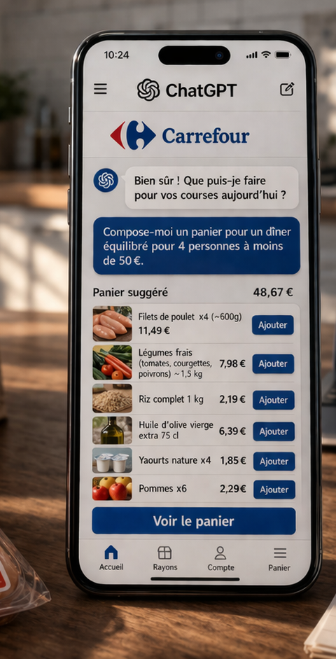Illustration de l'intégration de Carrefour dans ChatGPT, montrant un utilisateur interagissant avec l'IA pour faire ses courses, symbolisant le commerce conversationnel et la transformation digitale du retail.