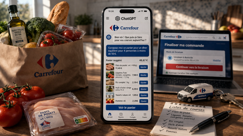 Illustration de l'intégration de Carrefour dans ChatGPT, montrant un utilisateur interagissant avec l'IA pour faire ses courses, symbolisant le commerce conversationnel et la transformation digitale du retail.