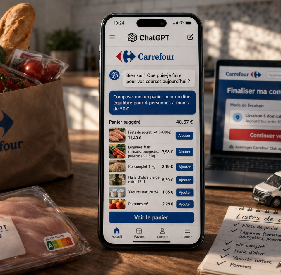 Illustration de l'intégration de Carrefour dans ChatGPT, montrant un utilisateur interagissant avec l'IA pour faire ses courses, symbolisant le commerce conversationnel et la transformation digitale du retail.