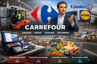 Vue aérienne d'un hypermarché Carrefour avec son parking, symbolisant l'ancien modèle économique Carrefour basé sur le volume et la centralisation.
