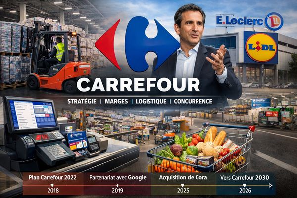 Vue aérienne d'un hypermarché Carrefour avec son parking, symbolisant l'ancien modèle économique Carrefour basé sur le volume et la centralisation.