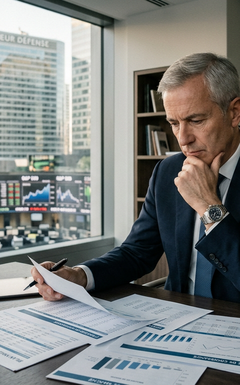 Illustration d'un dirigeant de PME analysant des documents financiers, symbolisant l'anticipation de la cession PME fiscalité 2026 et les stratégies de transmission.