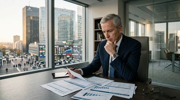 Illustration d'un dirigeant de PME analysant des documents financiers, symbolisant l'anticipation de la cession PME fiscalité 2026 et les stratégies de transmission.