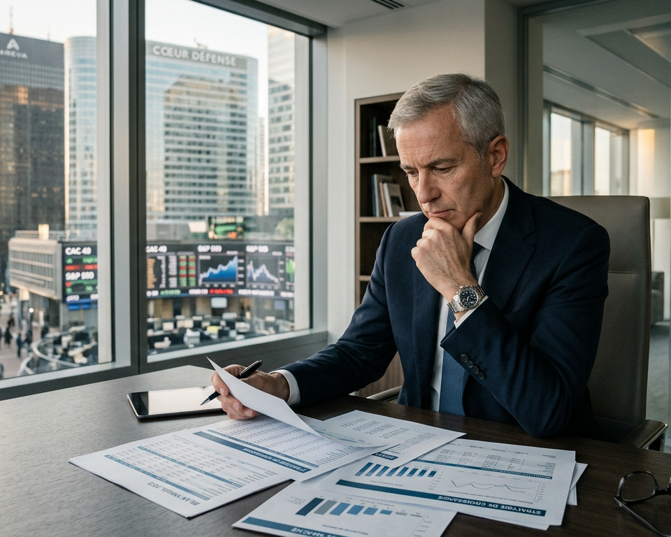 Illustration d'un dirigeant de PME analysant des documents financiers, symbolisant l'anticipation de la cession PME fiscalité 2026 et les stratégies de transmission.