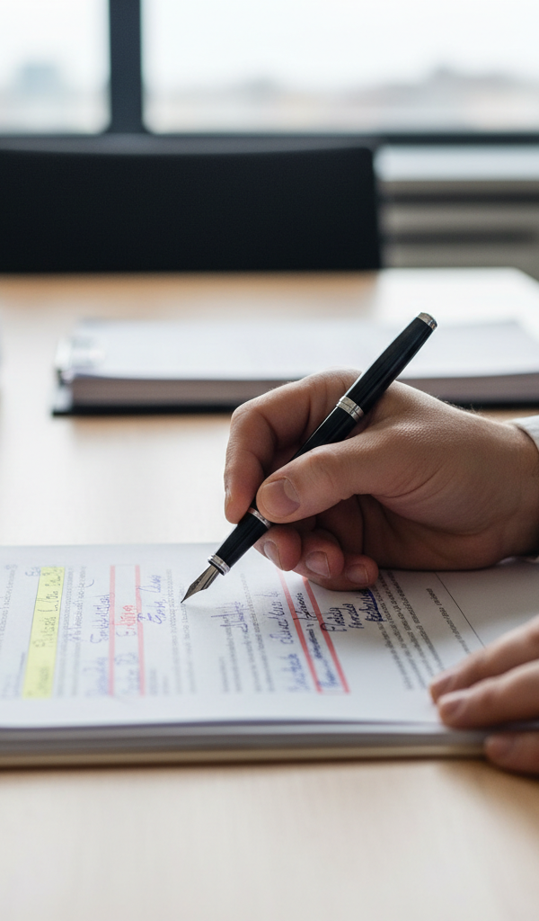 Gros plan sur un contrat ouvert avec un stylo, symbolisant la rédaction des clauses essentielles CGV B2B PME pour la protection juridique d'une entreprise en 2026.