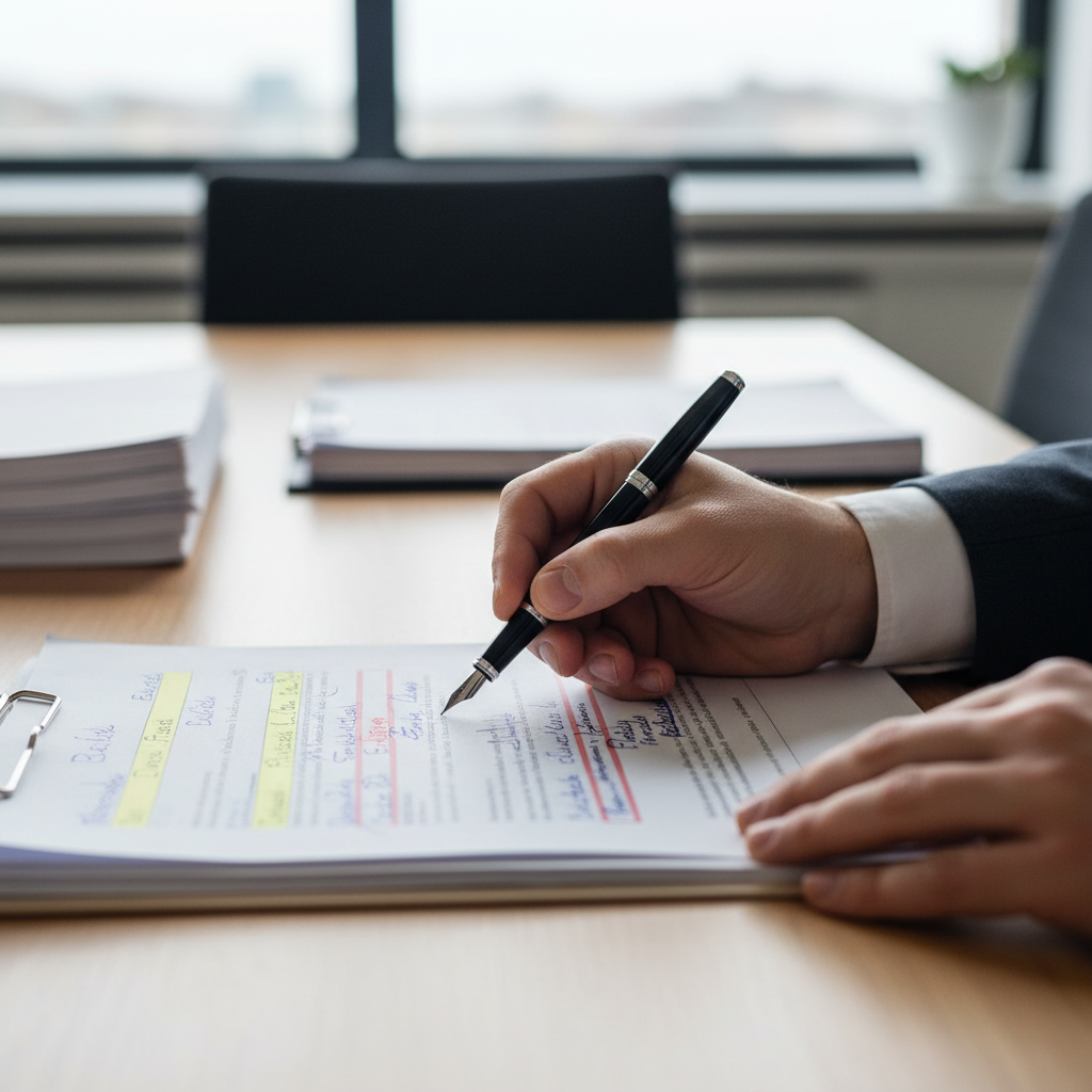 Gros plan sur un contrat ouvert avec un stylo, symbolisant la rédaction des clauses essentielles CGV B2B PME pour la protection juridique d'une entreprise en 2026.