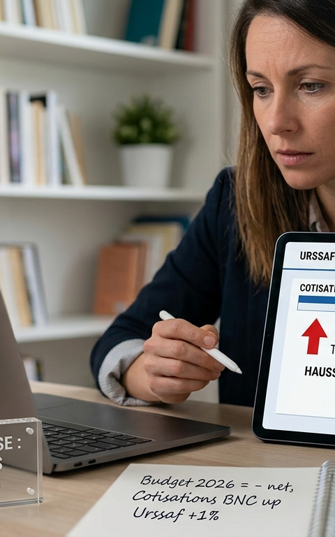 Une entrepreneuse analyse sur sa tablette la hausse des cotisations sociales URSSAF pour 2026. L'écran affiche un nouveau taux de 25,60 % avec une flèche rouge ascendante, illustrant l'augmentation des charges pour les micro-entreprises.