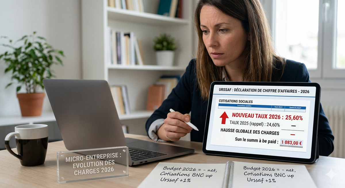 Une entrepreneuse analyse sur sa tablette la hausse des cotisations sociales URSSAF pour 2026. L'écran affiche un nouveau taux de 25,60 % avec une flèche rouge ascendante, illustrant l'augmentation des charges pour les micro-entreprises.