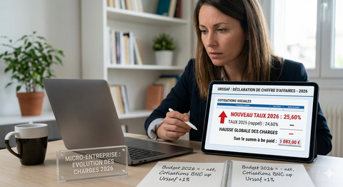 Une entrepreneuse analyse sur sa tablette la hausse des cotisations sociales URSSAF pour 2026. L'écran affiche un nouveau taux de 25,60 % avec une flèche rouge ascendante, illustrant l'augmentation des charges pour les micro-entreprises.