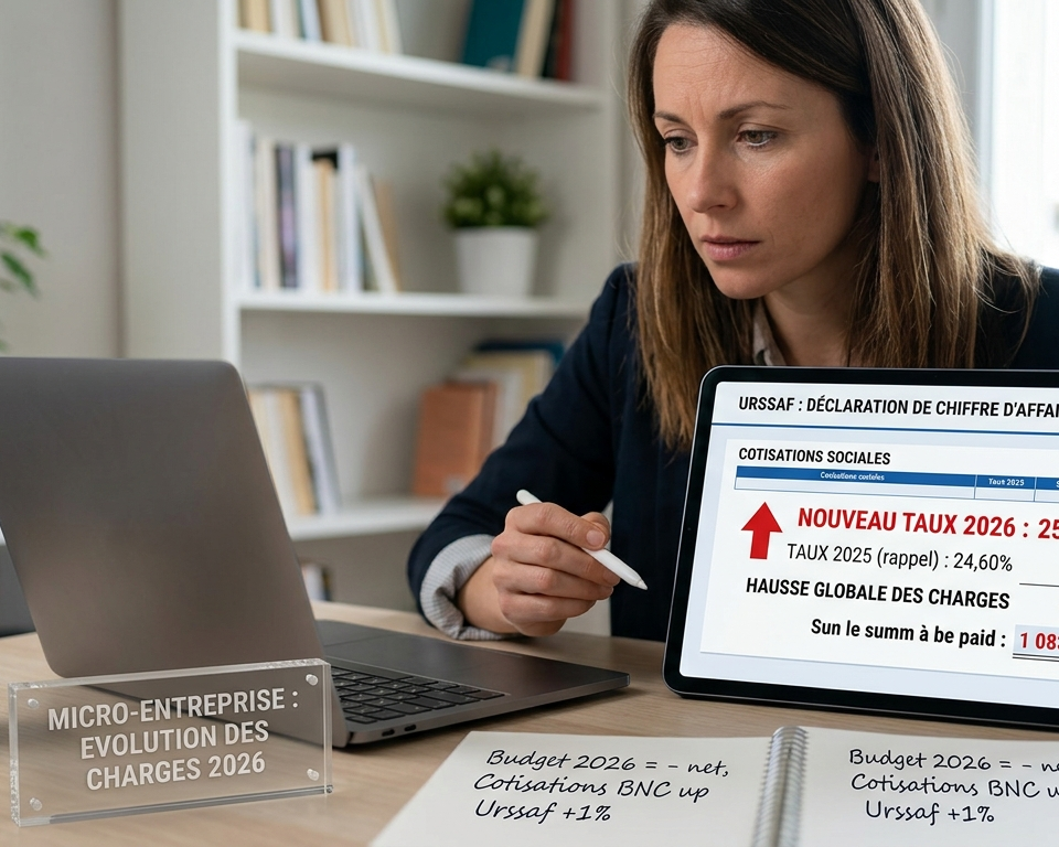 Une entrepreneuse analyse sur sa tablette la hausse des cotisations sociales URSSAF pour 2026. L'écran affiche un nouveau taux de 25,60 % avec une flèche rouge ascendante, illustrant l'augmentation des charges pour les micro-entreprises.