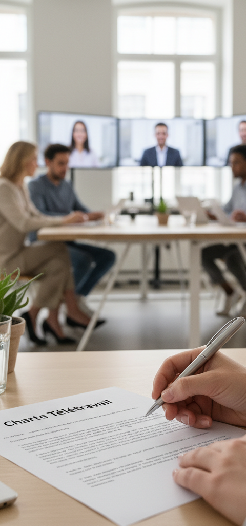 Illustration d'une équipe de PME travaillant à distance et au bureau, symbolisant la flexibilité et l'organisation d'une charte télétravail PME.