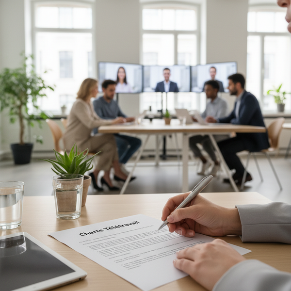 Illustration d'une équipe de PME travaillant à distance et au bureau, symbolisant la flexibilité et l'organisation d'une charte télétravail PME.