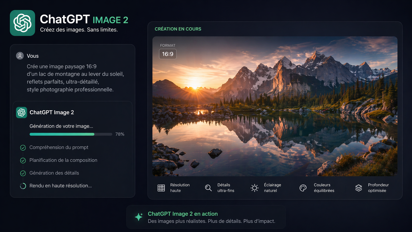 Interface illustrant ChatGPT Image 2 en cours de génération d’un visuel paysage 16:9, avec aperçu haute définition d’un lac de montagne au lever du soleil, panneau de progression, paramètres de rendu et design technologique sombre orienté création visuelle professionnelle.