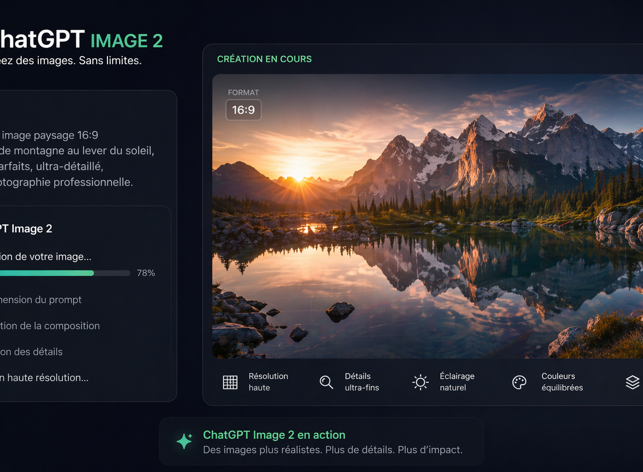 Interface illustrant ChatGPT Image 2 en cours de génération d’un visuel paysage 16:9, avec aperçu haute définition d’un lac de montagne au lever du soleil, panneau de progression, paramètres de rendu et design technologique sombre orienté création visuelle professionnelle.