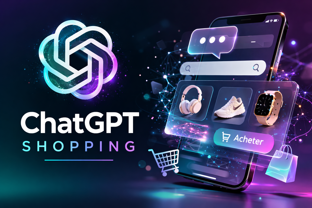Illustration futuriste d'une personne utilisant ChatGPT Shopping sur un écran, avec des icônes de produits et de paiement flottant autour, symbolisant la révolution de l'e-commerce.