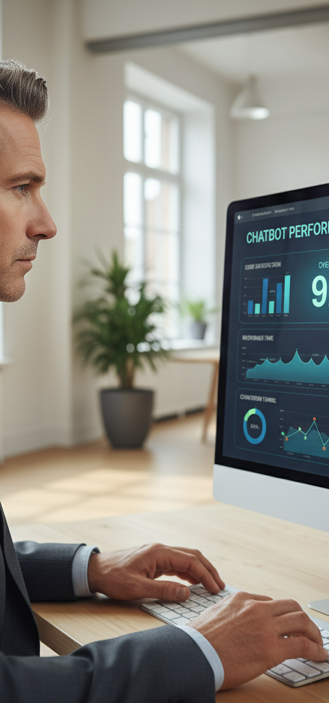 chatbot IA service — Un robot chatbot IA souriant interagit avec un client sur un écran d'ordinateur, symbolisant
