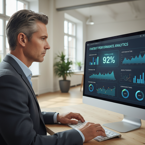 chatbot IA service — Un robot chatbot IA souriant interagit avec un client sur un écran d'ordinateur, symbolisant