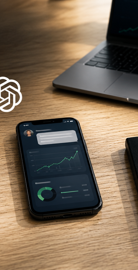 Vue de dessus d’un bureau professionnel minimaliste en bois clair avec smartphone affichant une interface IA financière, carte bancaire bleu profond, carnet noir et café, accompagné des logos Plaid et OpenAI. Ambiance fintech premium inspirée des médias économiques, lumière naturelle douce, ordinateur portable avec graphique boursier en arrière-plan flou, composition éditoriale moderne en format 16:9.