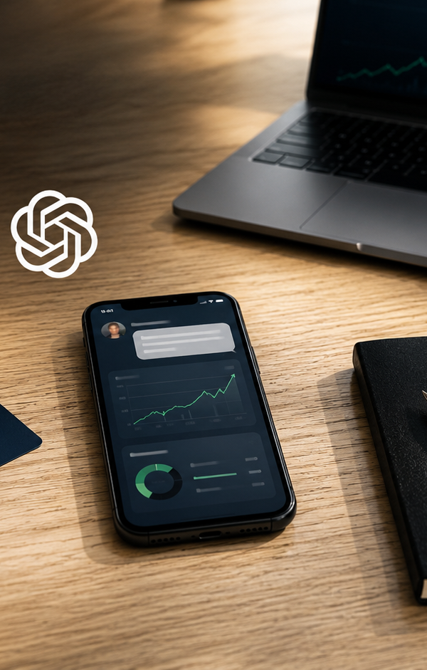 Vue de dessus d’un bureau professionnel minimaliste en bois clair avec smartphone affichant une interface IA financière, carte bancaire bleu profond, carnet noir et café, accompagné des logos Plaid et OpenAI. Ambiance fintech premium inspirée des médias économiques, lumière naturelle douce, ordinateur portable avec graphique boursier en arrière-plan flou, composition éditoriale moderne en format 16:9.