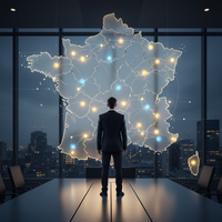 Illustration de deux entreprises (PME) s'unissant, symbolisant une acquisition réussie en France, avec des graphiques de croissance en arrière-plan, représentant la cible acquisition PME France.