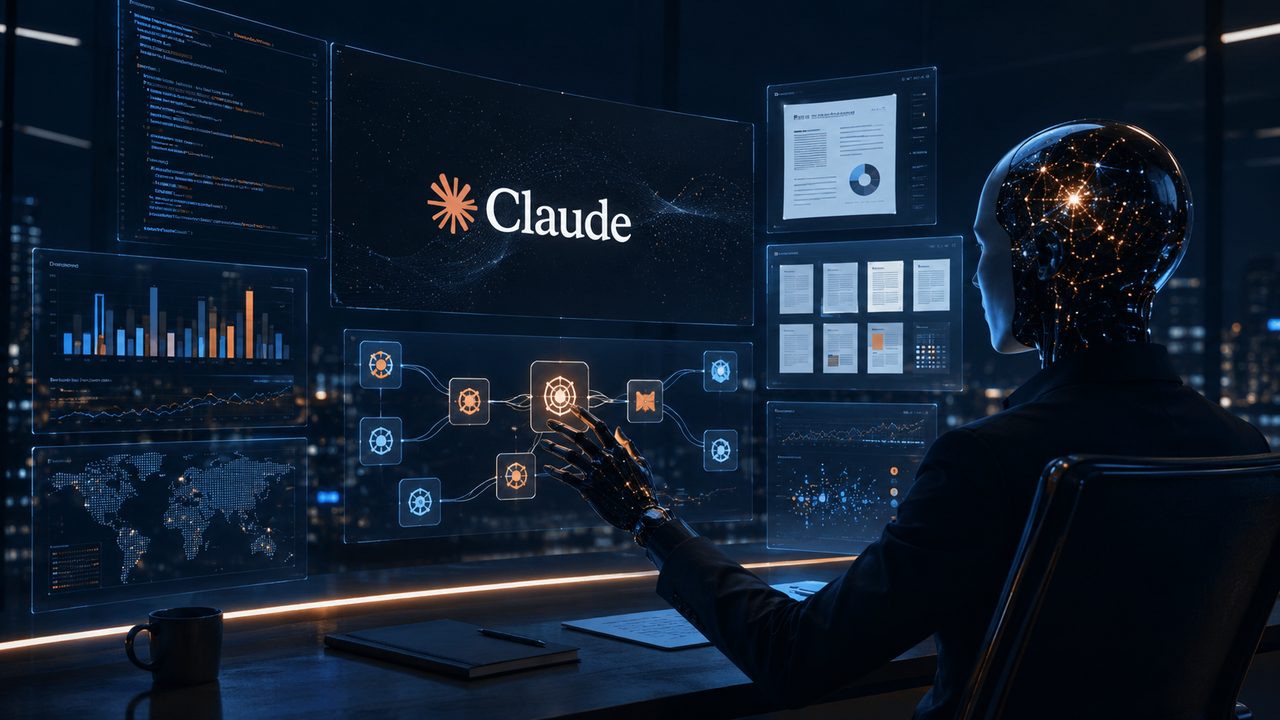 Claude Fable 5 d’Anthropic coordonnant des agents IA, du code, des documents et des analyses de données dans un environnement numérique professionnel.  Source : Illustration générée par Entreprisma avec l’intelligence artificielle d’OpenAI.