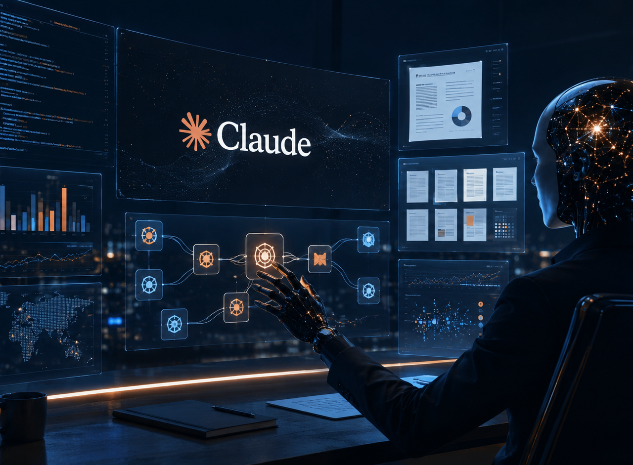 Claude Fable 5 d’Anthropic coordonnant des agents IA, du code, des documents et des analyses de données dans un environnement numérique professionnel.  Source : Illustration générée par Entreprisma avec l’intelligence artificielle d’OpenAI.