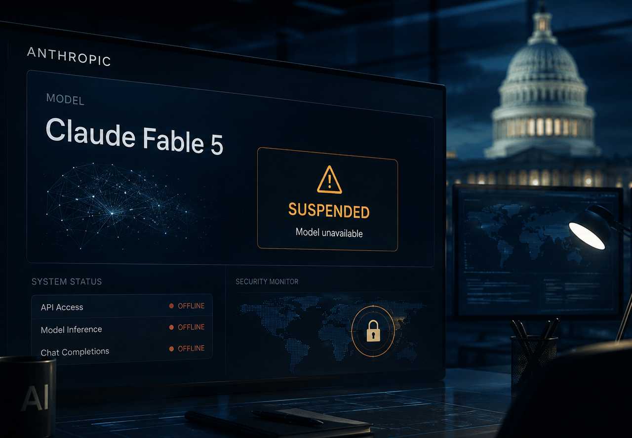 Claude Fable 5 indiqué comme suspendu sur une interface de contrôle Anthropic, avec des signaux de cybersécurité et le Capitole américain en arrière-plan.