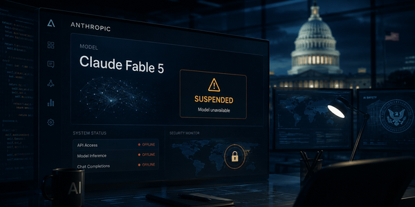 Claude Fable 5 indiqué comme suspendu sur une interface de contrôle Anthropic, avec des signaux de cybersécurité et le Capitole américain en arrière-plan.