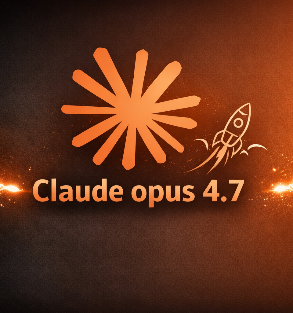 Illustration éditoriale en format paysage dédiée à Claude opus 4.7, sur fond dégradé noir et orange, avec une composition graphique énergique, des effets lumineux latéraux et un titrage central sobre et impactant.